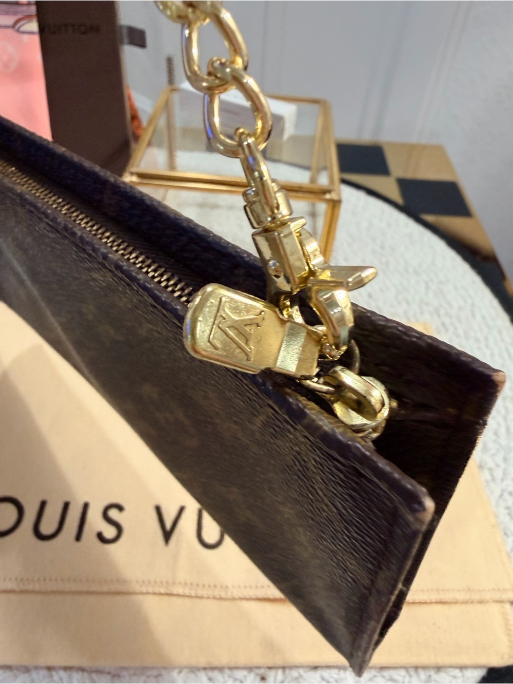 Louis Vuitton Monogram Toiletry Bag with chain , LV dust bag & LV Box & Orage - Picture 11 of 16